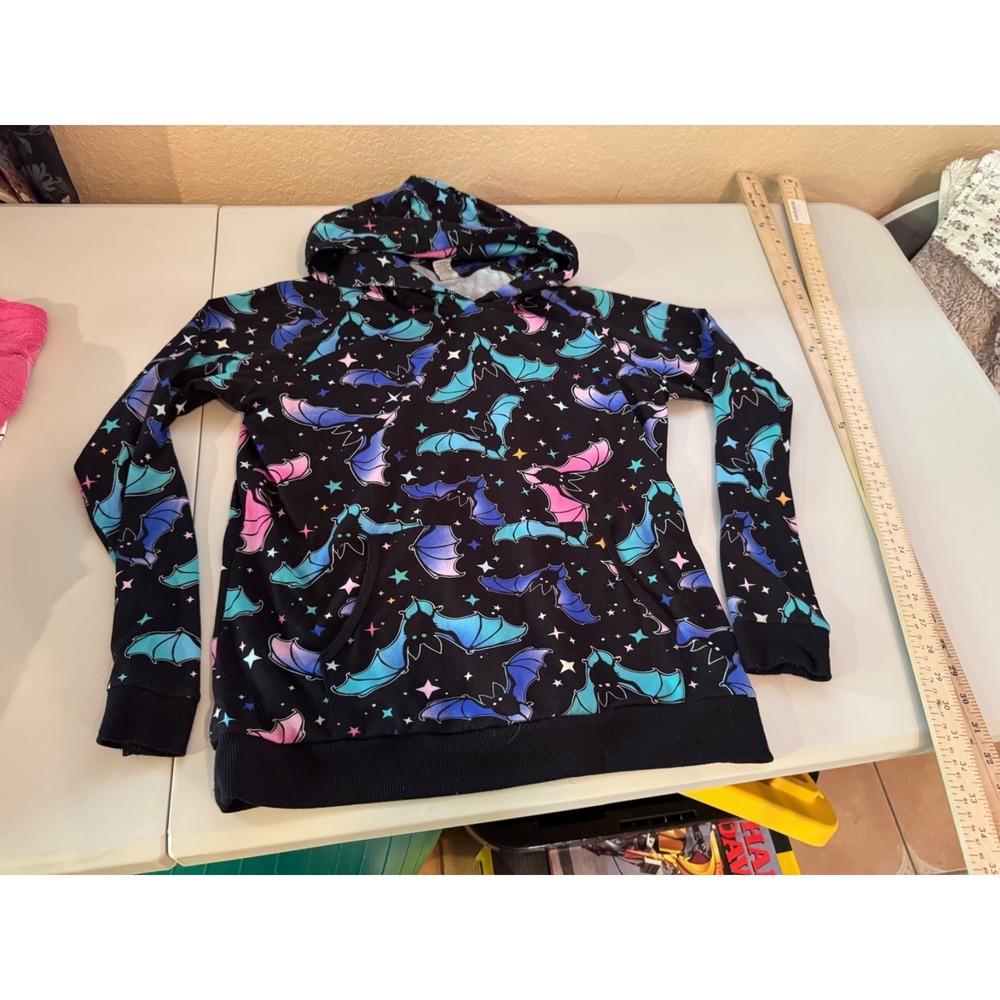 Lildy Girls Bat Galaxy Hoodie Sweatshirt Black Colorful Hooded Pullover 10/12